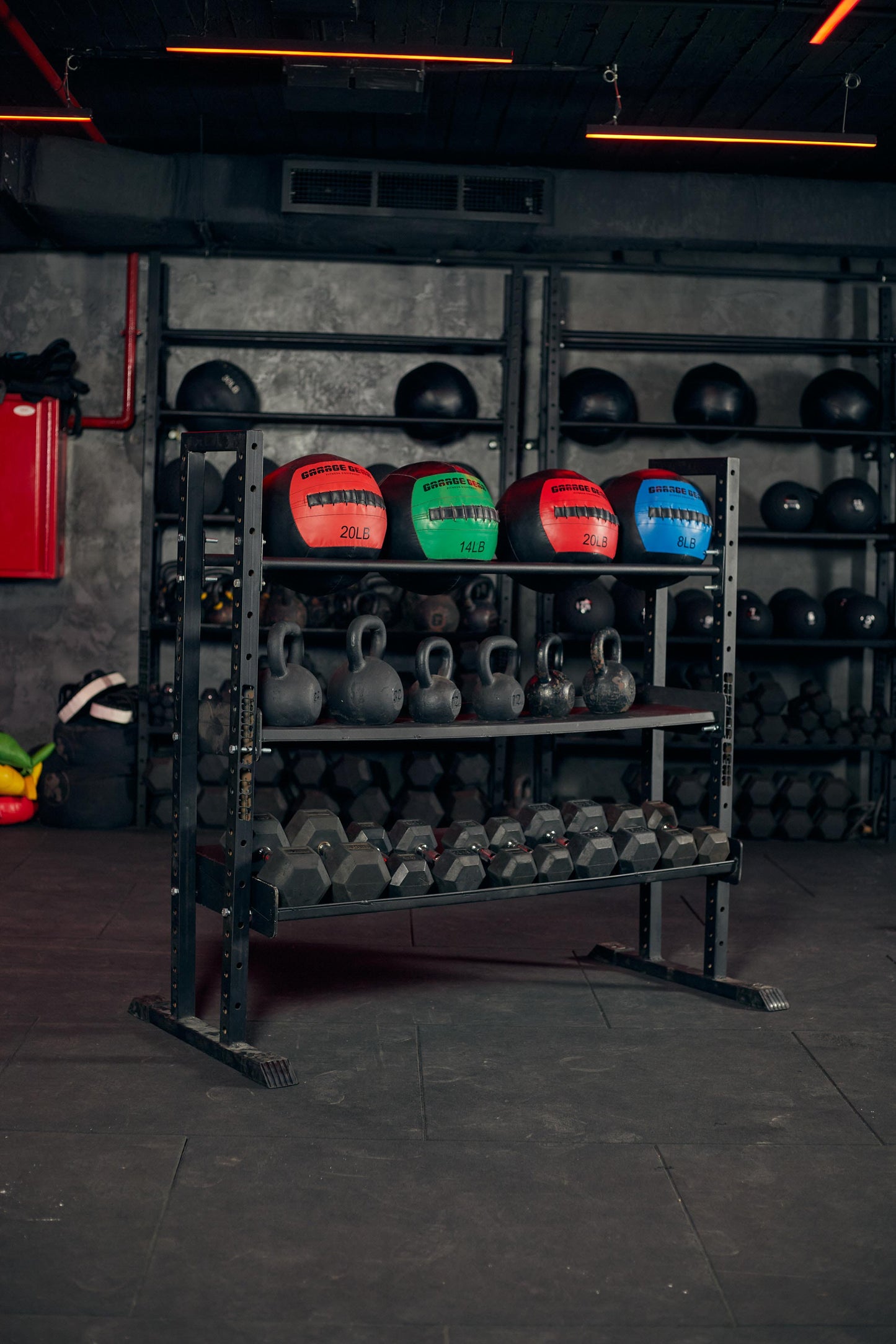 Gym Storage Rack. Used to store dumbbells, kettlebells and medballs.